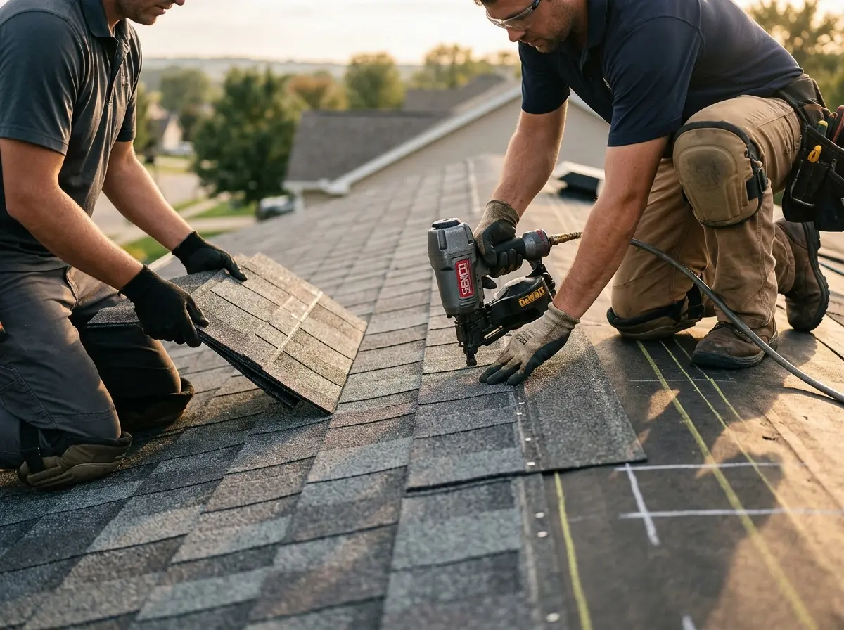 Professional roofer working on a residential roof in Littleton